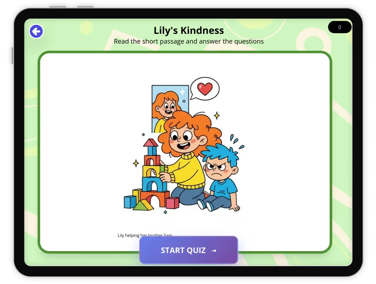 Interactive — Reading Comprehension preview: Lily's Kindness—Character Trait covering RL.3.3, RL.4.3, RL.5.3 standards - Page 1 of null