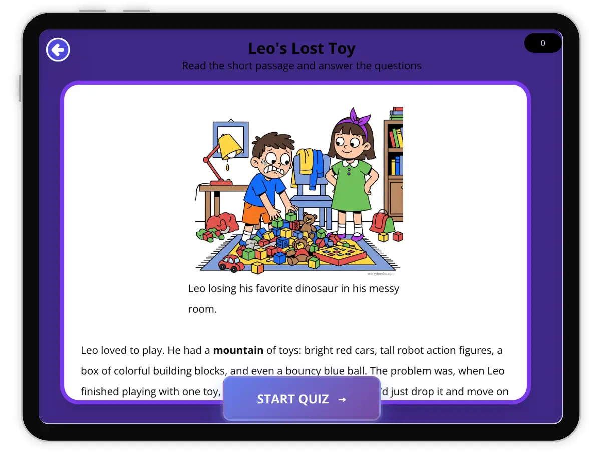 Interactive — Reading Comprehension preview: Leo's Lost Toy—Character Trait covering RL.3.3, RL.4.3, RL.5.3 standards - Page 1 of null