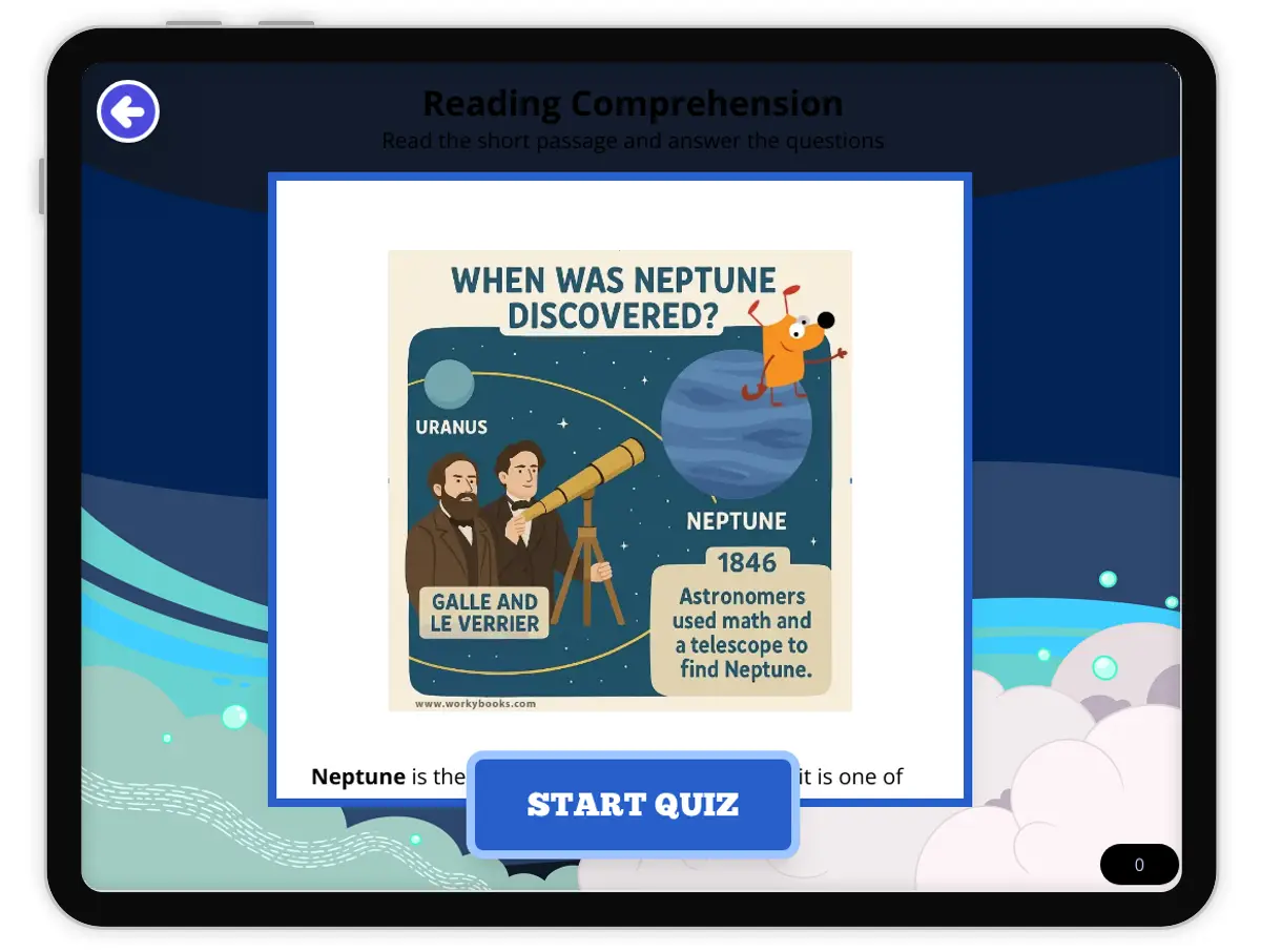 Interactive — Reading Comprehension preview: When Was Neptune Discovered? covering 1-ESS1-1 standards - Page 1 of null