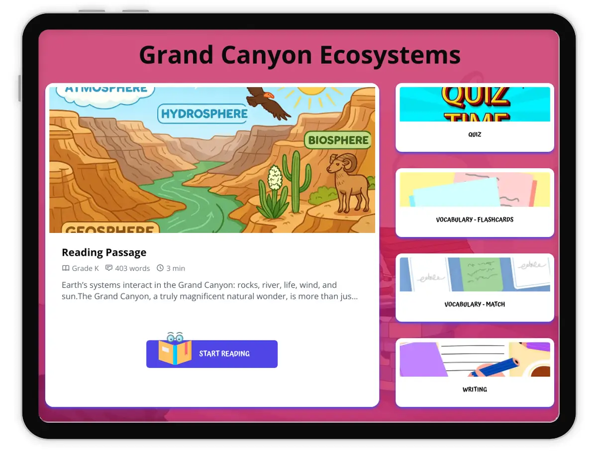 Interactive — Reading Comprehension preview: Grand Canyon Ecosystems covering  standards - Page 1 of 1
