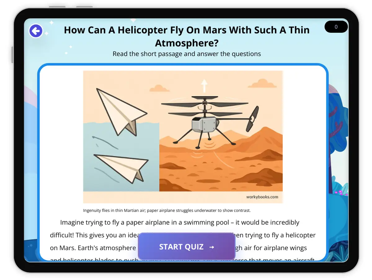 Interactive — Reading Comprehension preview: How Can A Helicopter Fly On Mars With Such A Thin Atmosphere? covering  standards - Page 1 of 1