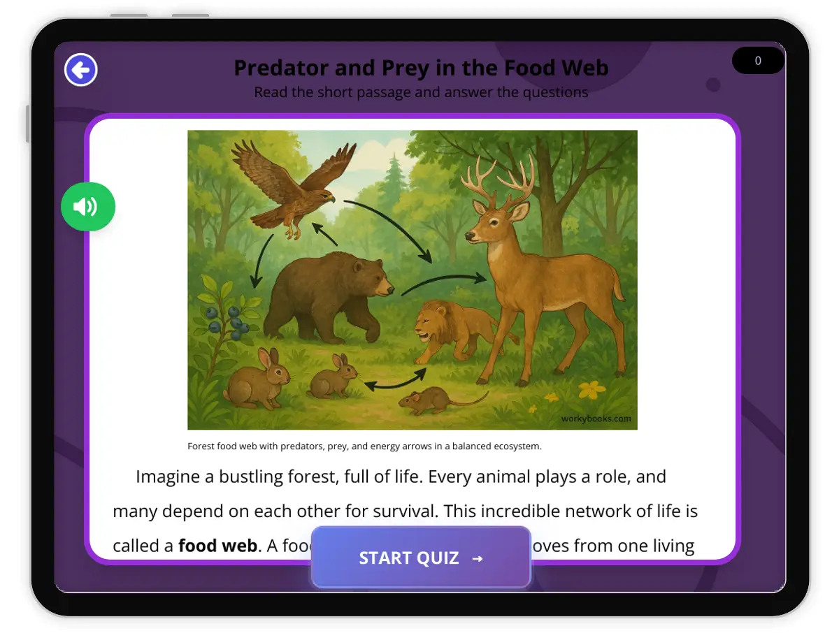 Interactive — Reading Comprehension preview: Predator and Prey in the Food Web covering  standards - Page 1 of 1