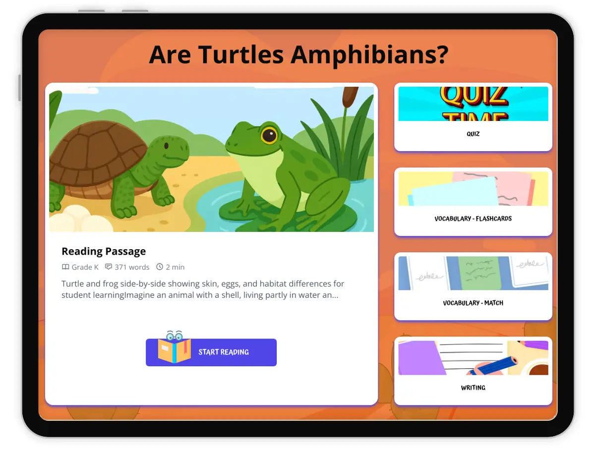 Interactive — Reading Comprehension preview: Are Turtles Amphibians? covering  standards - Page 1 of 1