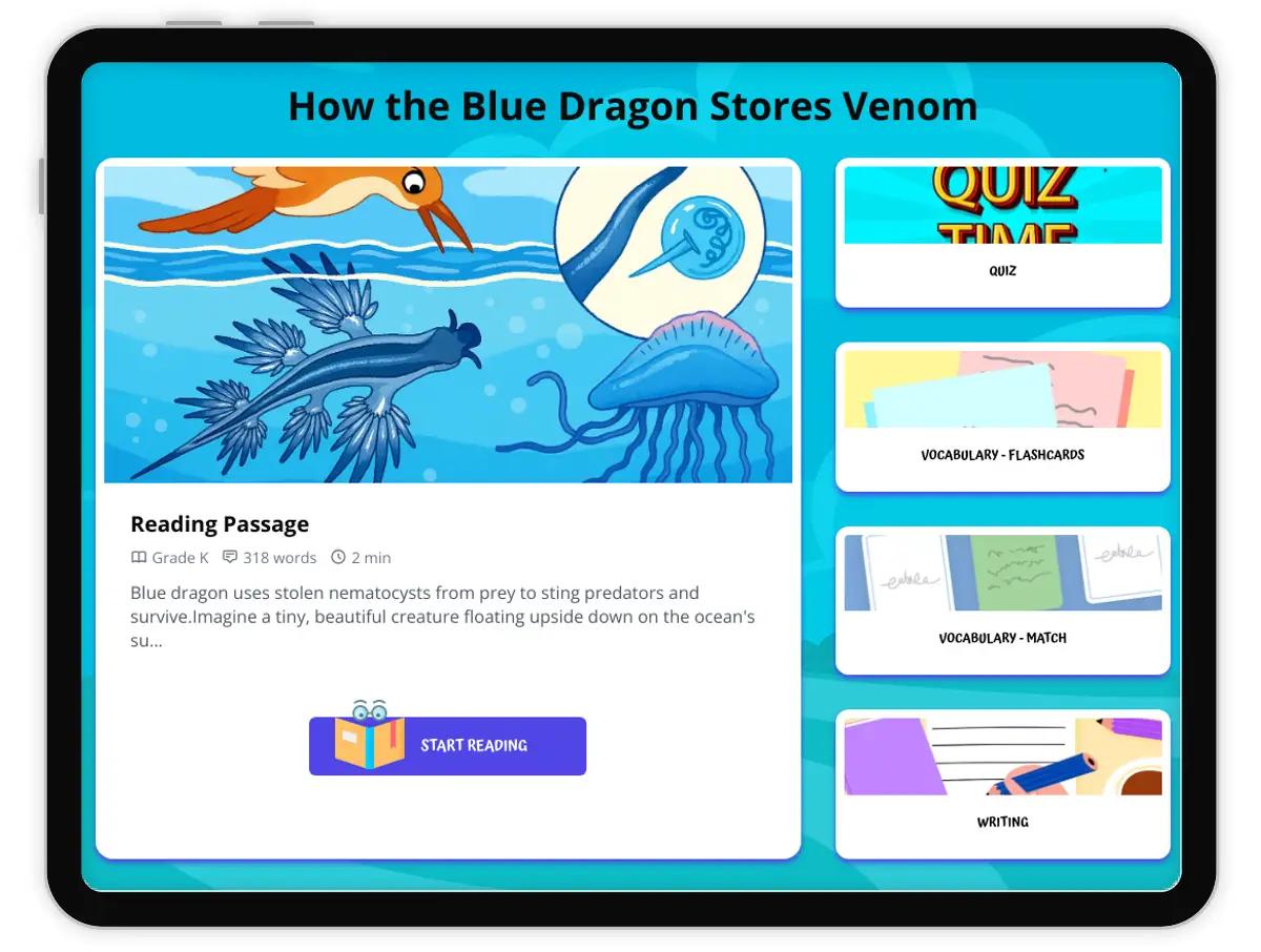 Interactive — Reading Comprehension preview: How the Blue Dragon Stores Venom covering  standards - Page 1 of 1