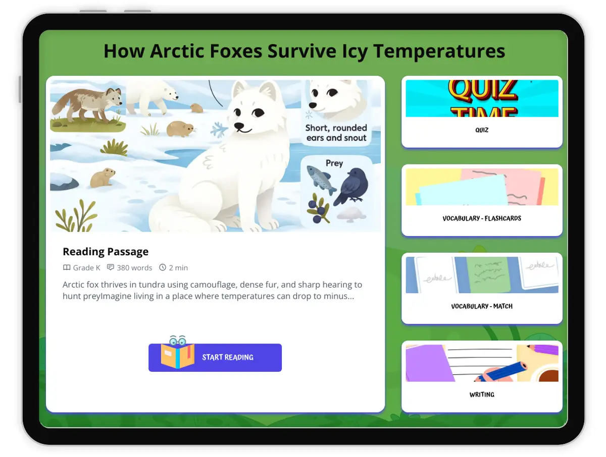 Interactive — Reading Comprehension preview: How Arctic Foxes Survive Icy Temperatures covering  standards - Page 1 of 1