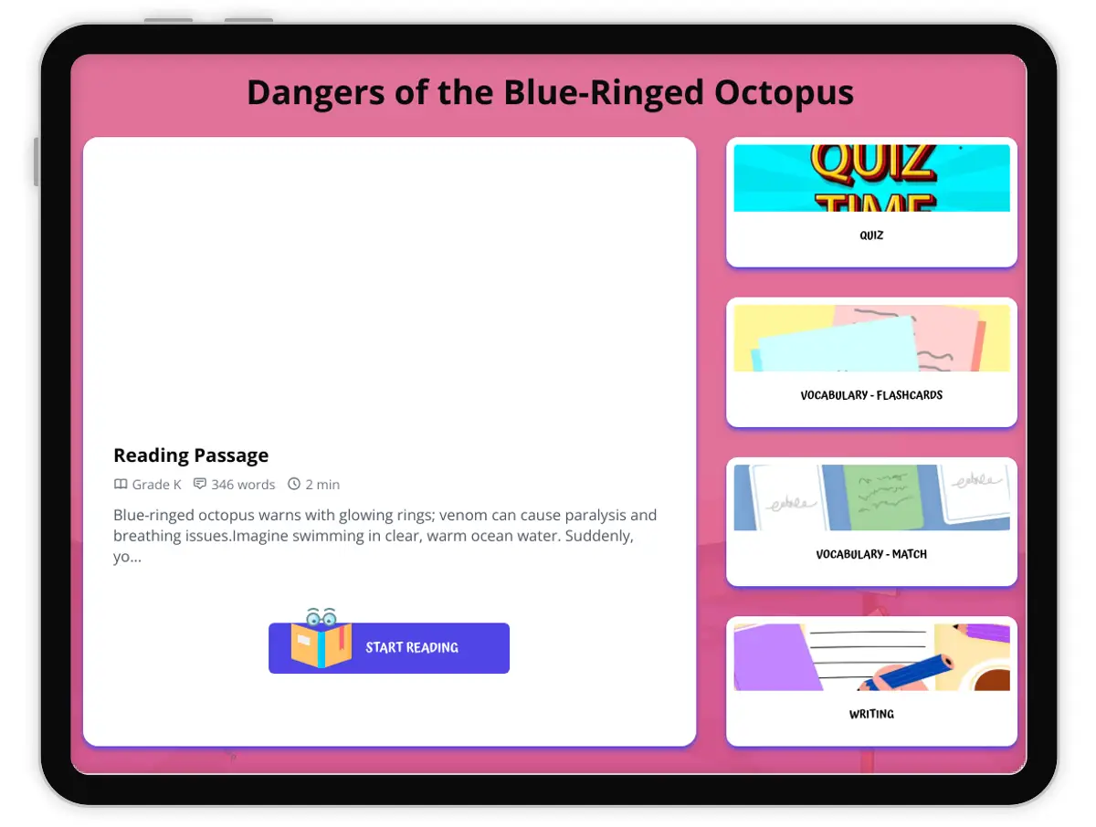 Interactive — Reading Comprehension preview: Dangers of the Blue-Ringed Octopus covering  standards - Page 1 of 1