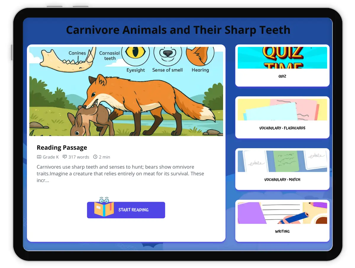 Interactive — Reading Comprehension preview: Carnivore Animals and Their Sharp Teeth covering  standards - Page 1 of 1