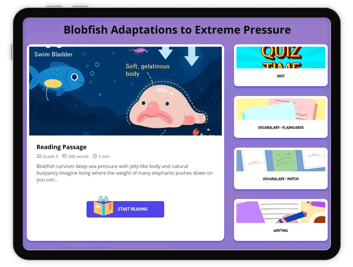 Interactive — Reading Comprehension preview: Blobfish Adaptations to Extreme Pressure covering  standards - Page 1 of 1