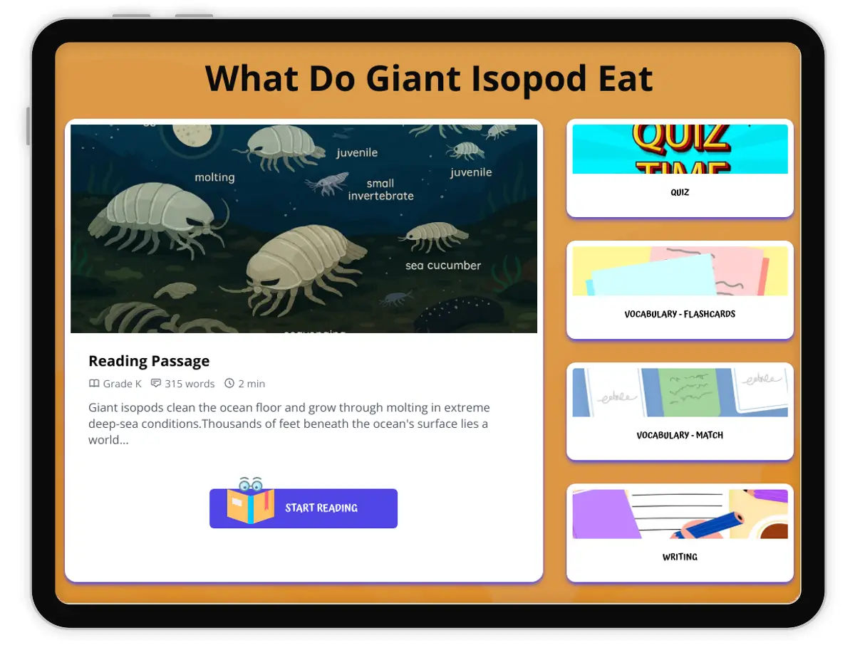 Interactive — Reading Comprehension preview: What Do Giant Isopod Eat covering  standards - Page 1 of 1