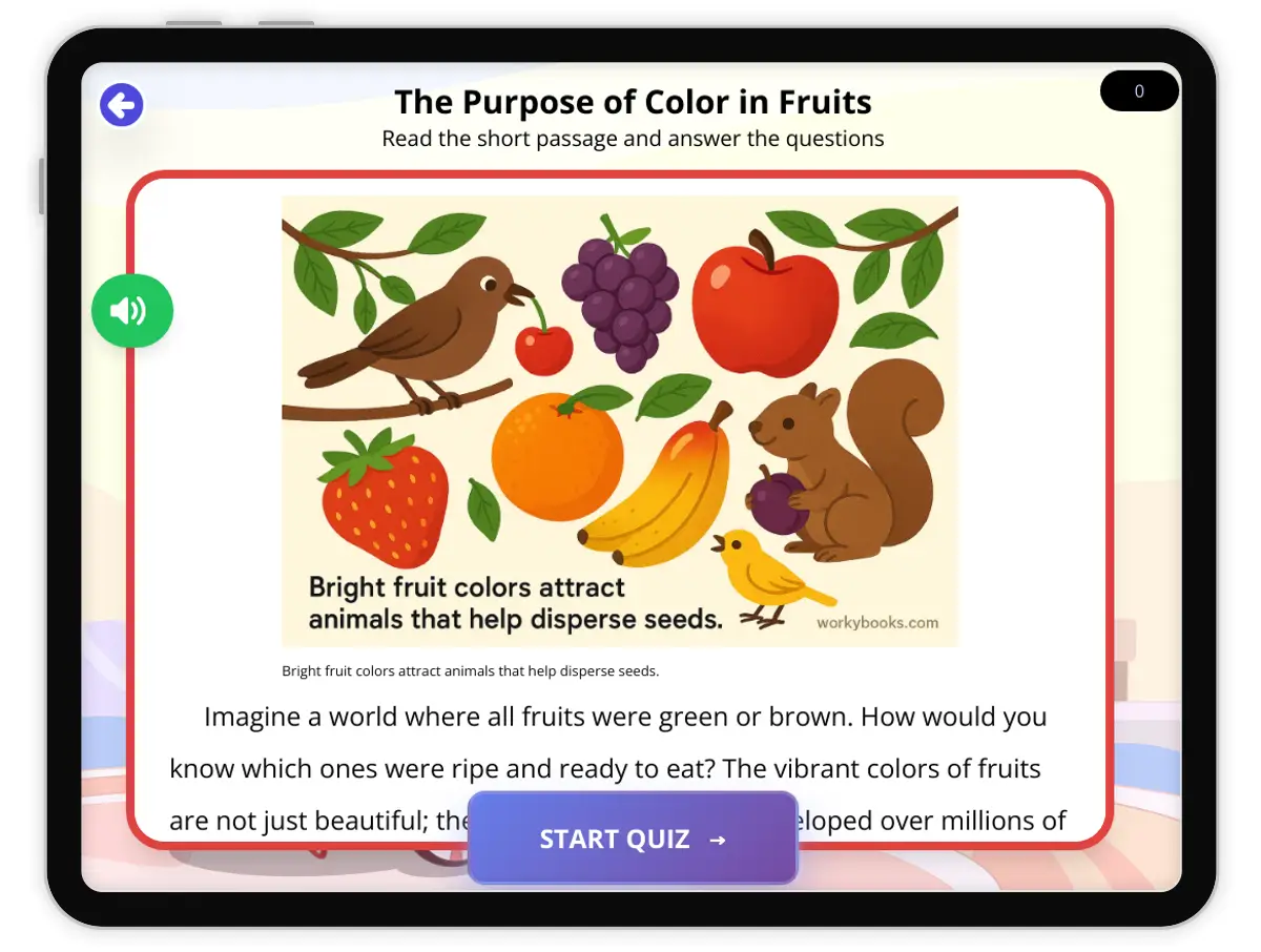 Interactive — Reading Comprehension preview: Color in Fruits covering  standards - Page 1 of 1