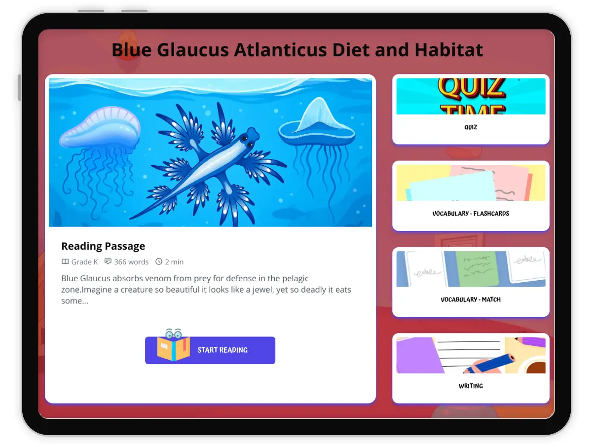 Interactive — Reading Comprehension preview: Blue Glaucus Atlanticus Diet and Habitat covering  standards - Page 1 of 1