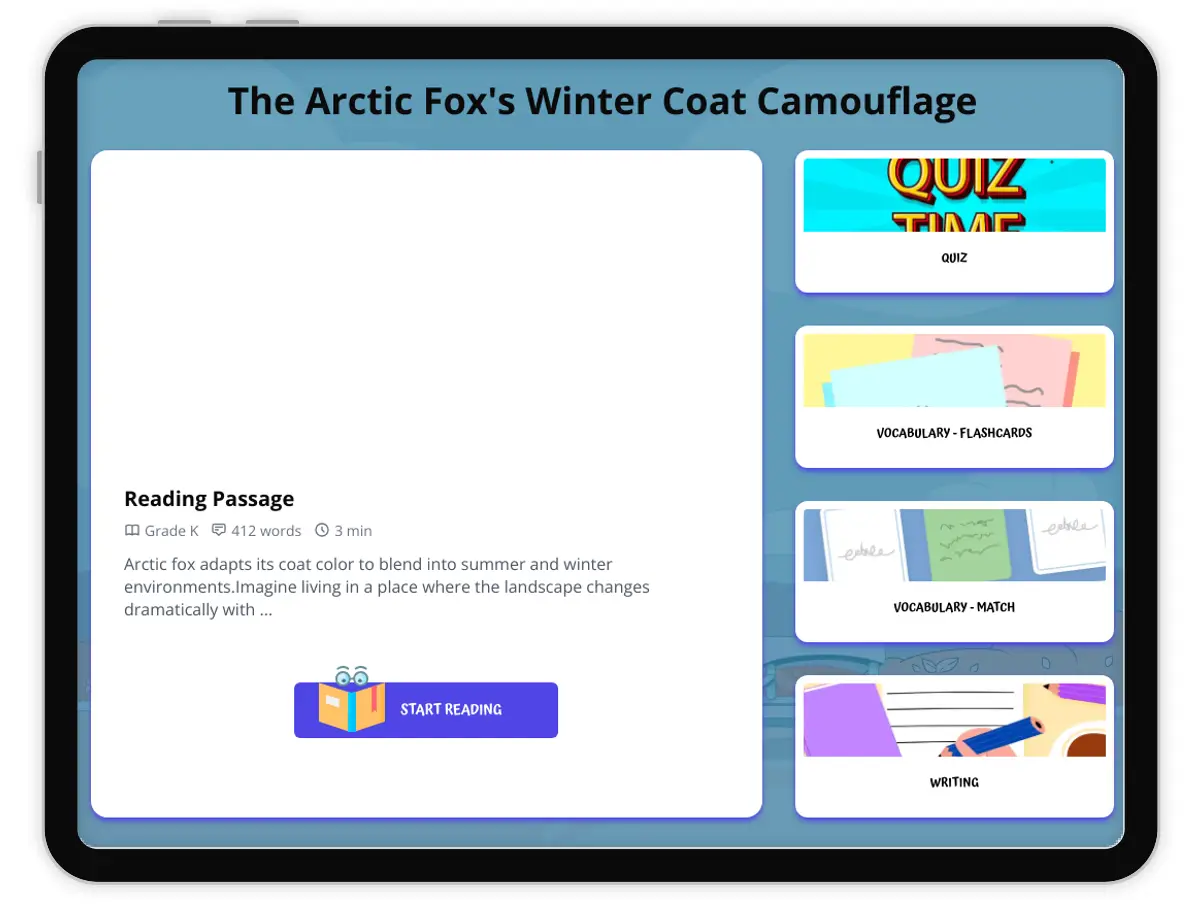 Interactive — Reading Comprehension preview: The Arctic Fox's Winter Coat Camouflage covering  standards - Page 1 of 1