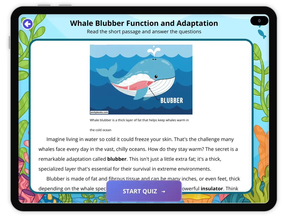 Interactive — Reading Comprehension preview: Whale Blubber: Function and Adaptation covering  standards - Page 1 of 1