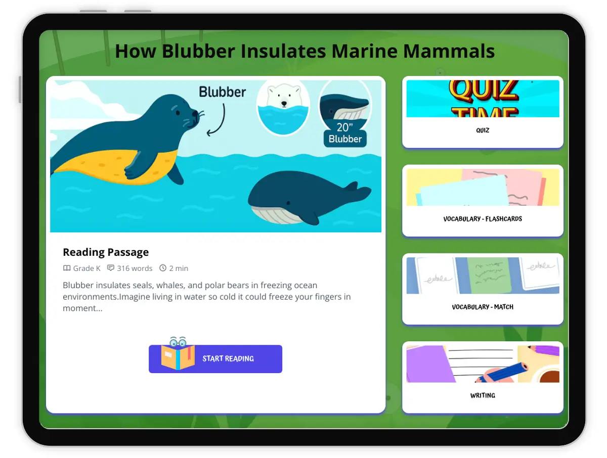 Interactive — Reading Comprehension preview: How Blubber Insulates Marine Mammals covering  standards - Page 1 of 1