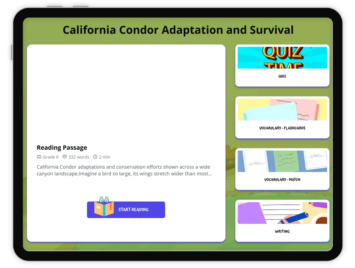 Interactive — Reading Comprehension preview: California Condor Adaptation and Survival covering  standards - Page 1 of 1
