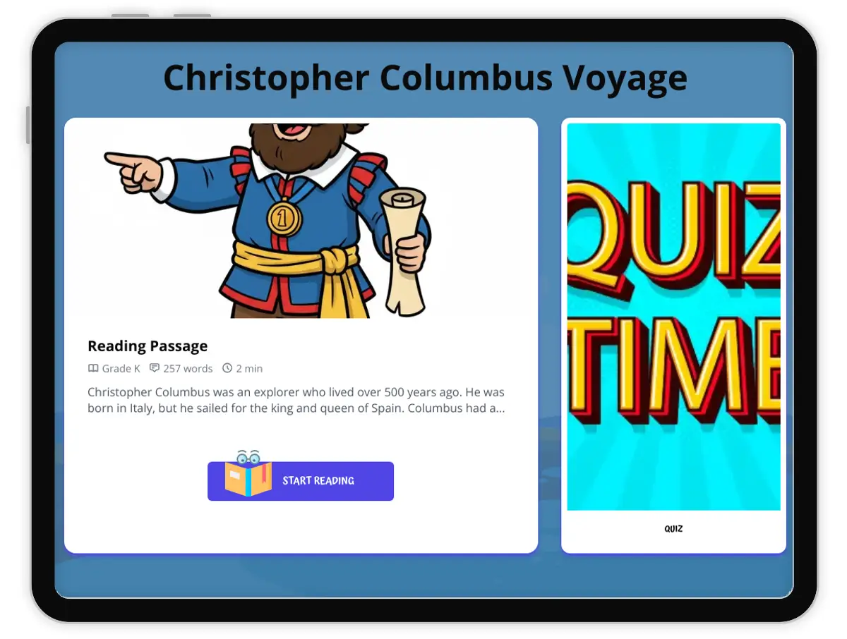 Interactive — Reading Comprehension preview: Christopher Columbus Voyage covering RI.5.4, RI.5.3, RI.5.2, RI.5.1 standards - Page 1 of null