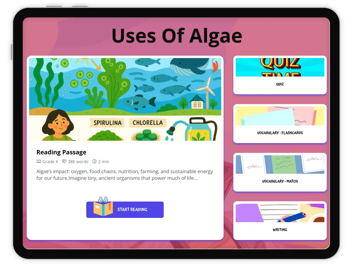 Interactive — Reading Comprehension preview: Uses Of Algae covering  standards - Page 1 of 1