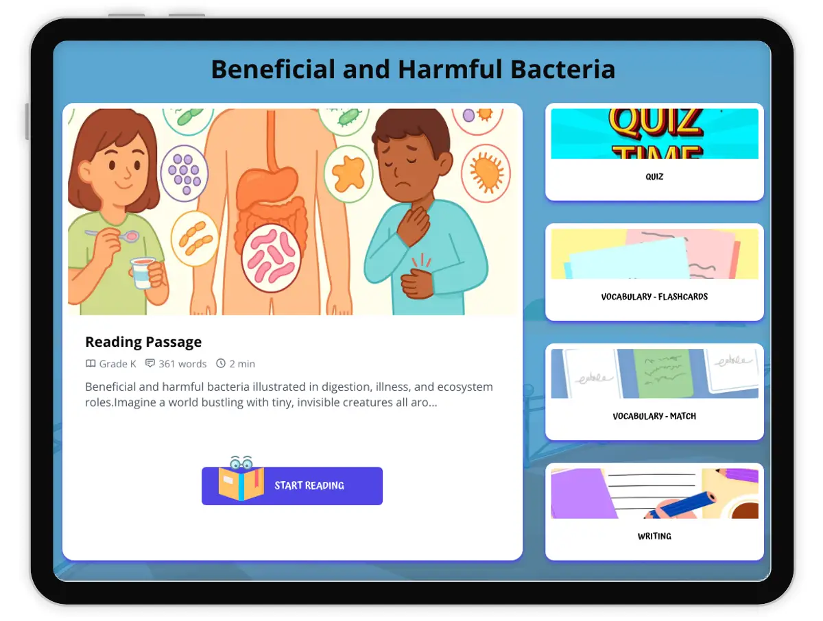 Interactive — Reading Comprehension preview: Beneficial and Harmful Bacteria covering  standards - Page 1 of 1
