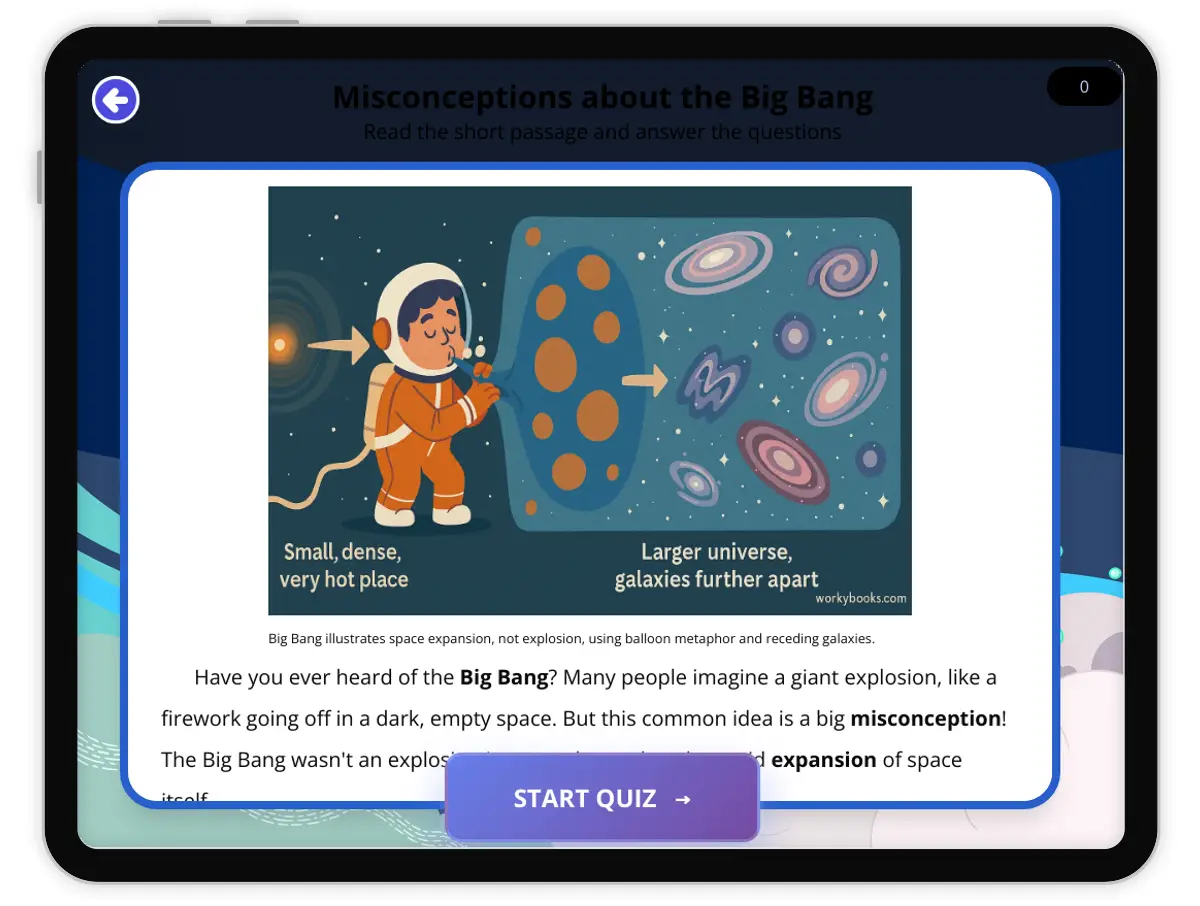 Interactive — Reading Comprehension preview: Misconceptions about the Big Bang covering  standards - Page 1 of 1