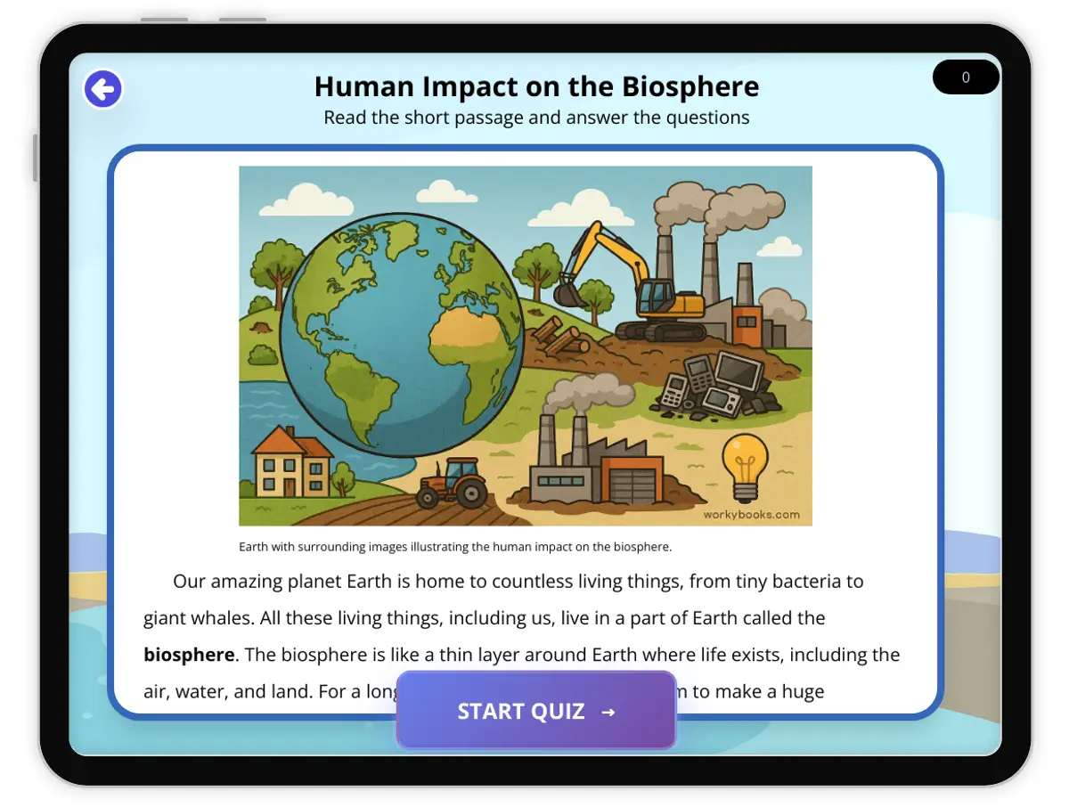 Interactive — Reading Comprehension preview: Human Impact on the Biosphere covering  standards - Page 1 of 1