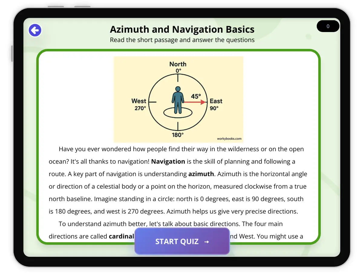 Interactive — Reading Comprehension preview: Azimuth and Navigation Basics covering  standards - Page 1 of 1