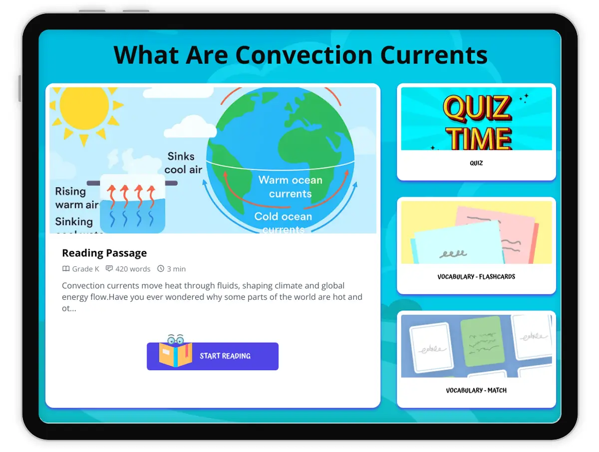 Interactive — Reading Comprehension preview: What Are Convection Currents covering  standards - Page 1 of 1