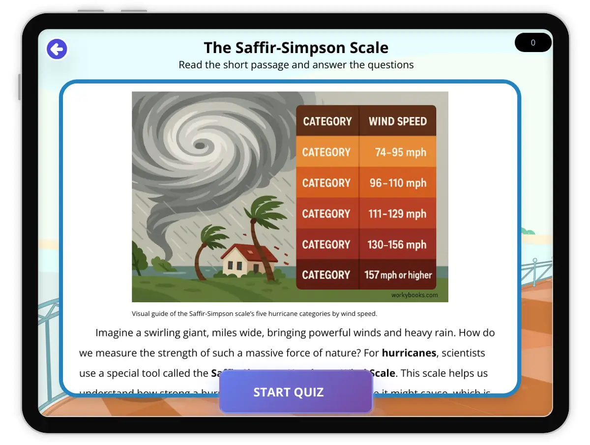 Interactive — Reading Comprehension preview: The Saffir-Simpson Scale covering  standards - Page 1 of 1