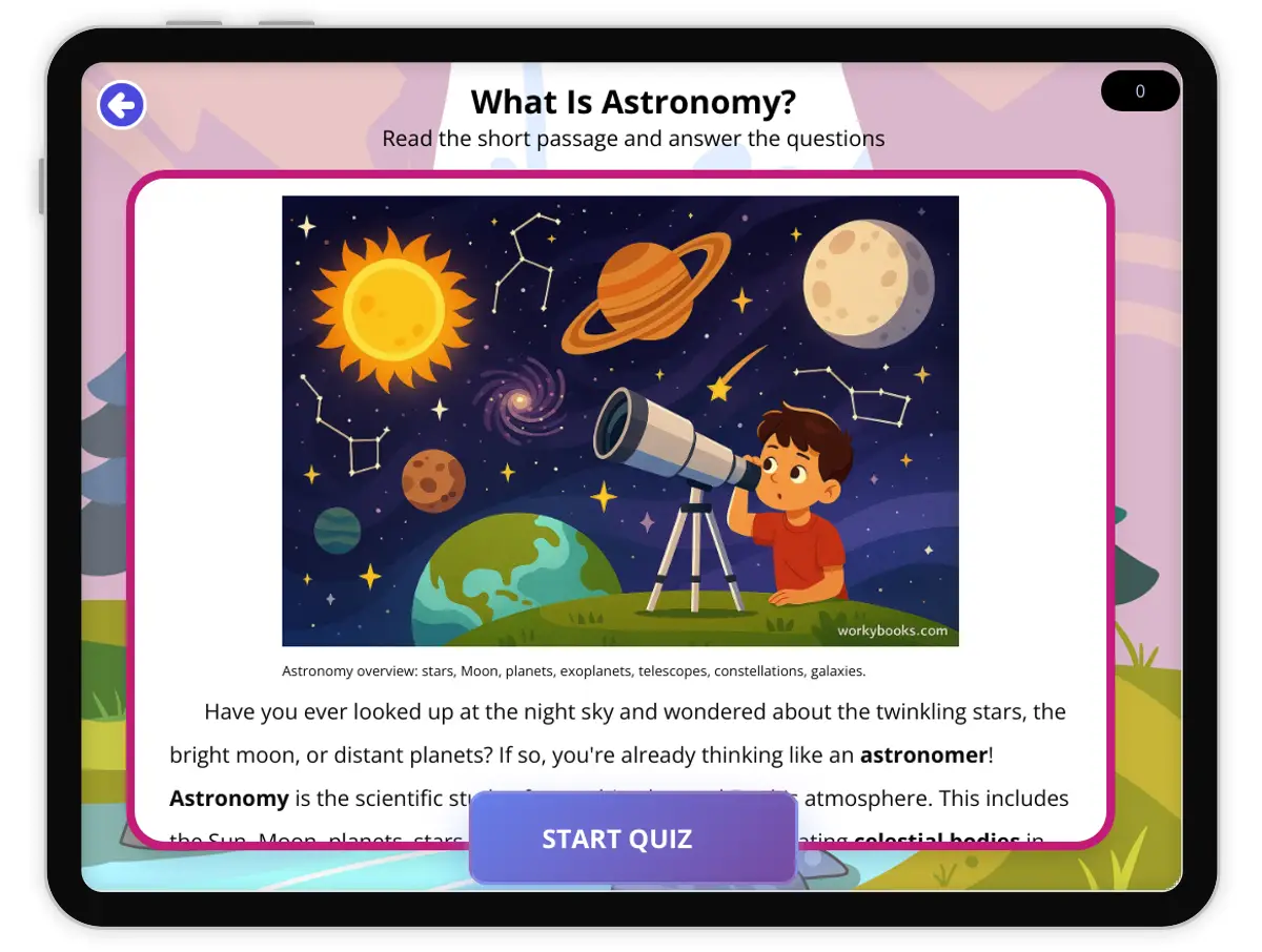Interactive — Reading Comprehension preview: What Is Astronomy? covering  standards - Page 1 of 1
