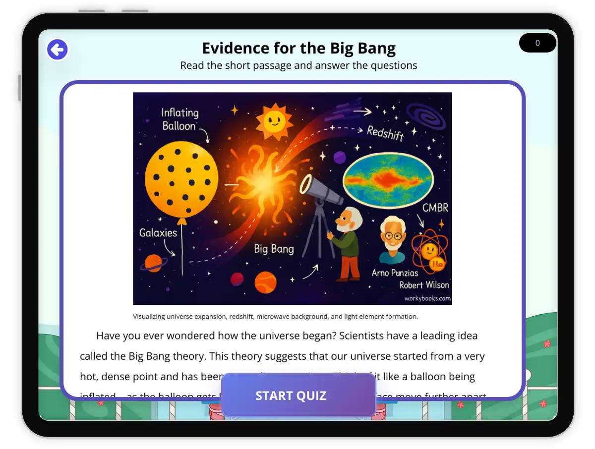 Interactive — Reading Comprehension preview: Evidence for the Big Bang covering  standards - Page 1 of 1