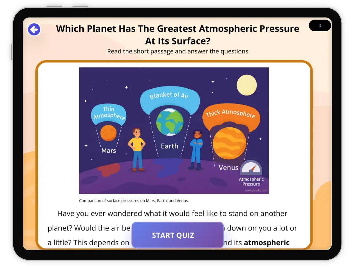 Interactive — Reading Comprehension preview: Which Planet Has The Greatest Atmospheric Pressure At Its Surface? covering  standards - Page 1 of 1
