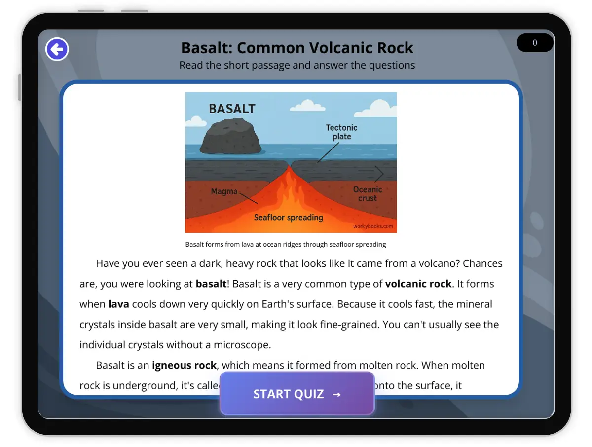 Interactive — Reading Comprehension preview: Basalt: Common Volcanic Rock covering  standards - Page 1 of 1
