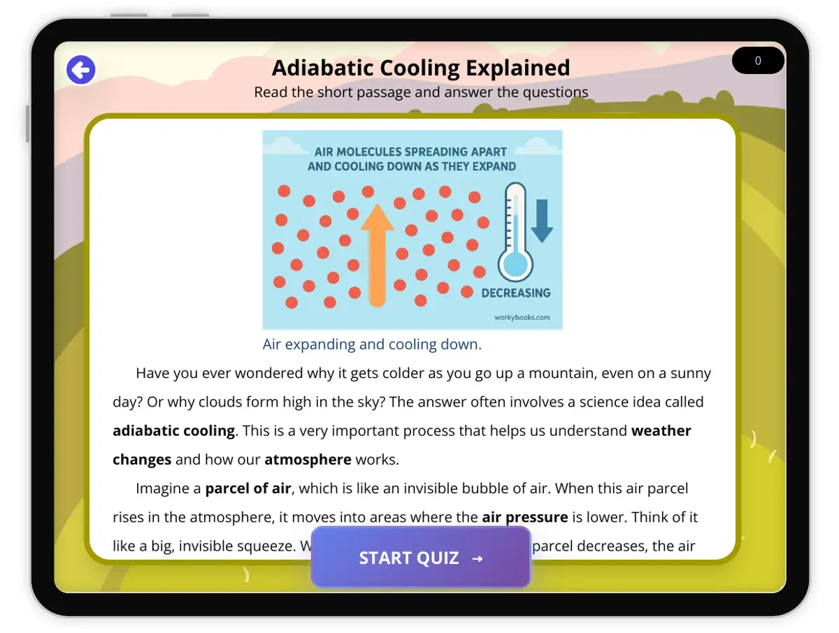 Interactive — Reading Comprehension preview: Adiabatic Cooling Explained covering  standards - Page 1 of 1
