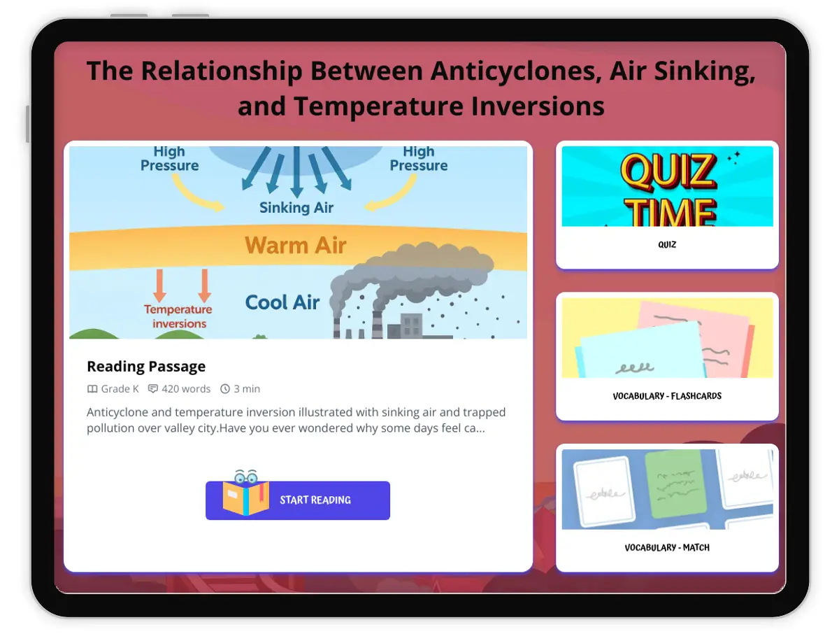 Interactive — Reading Comprehension preview: The Relationship Between Anticyclones, Air Sinking, and Temperature Inversions covering  standards - Page 1 of 1