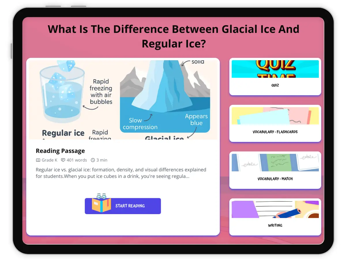 Interactive — Reading Comprehension preview: What Is The Difference Between Glacial Ice And Regular Ice? covering  standards - Page 1 of 1