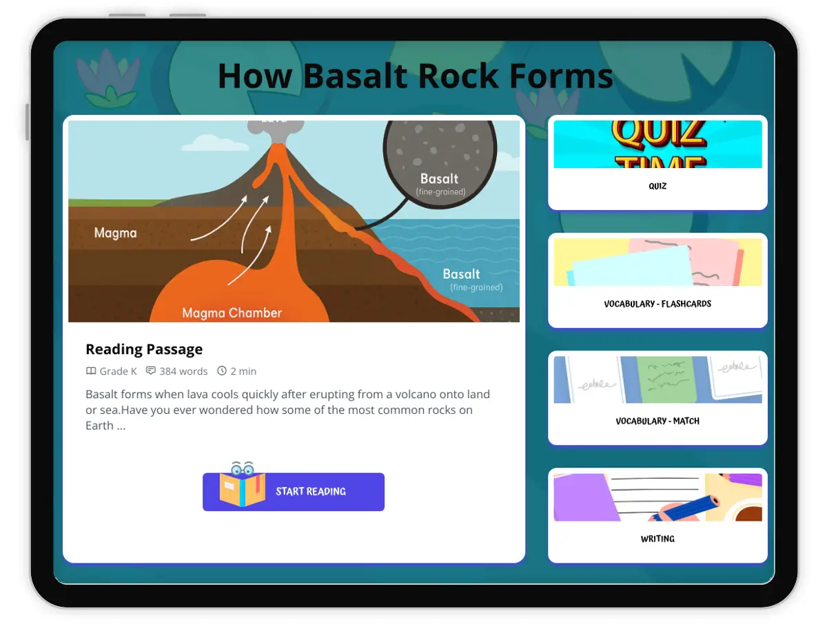 Interactive — Reading Comprehension preview: How Basalt Rock Forms covering  standards - Page 1 of 1