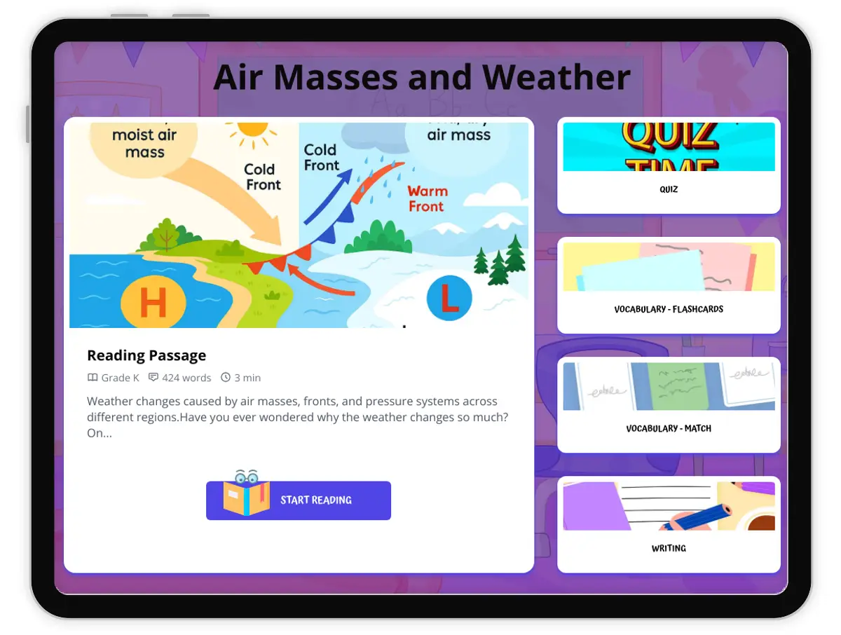 Interactive — Reading Comprehension preview: Air Masses and Weather covering  standards - Page 1 of 1
