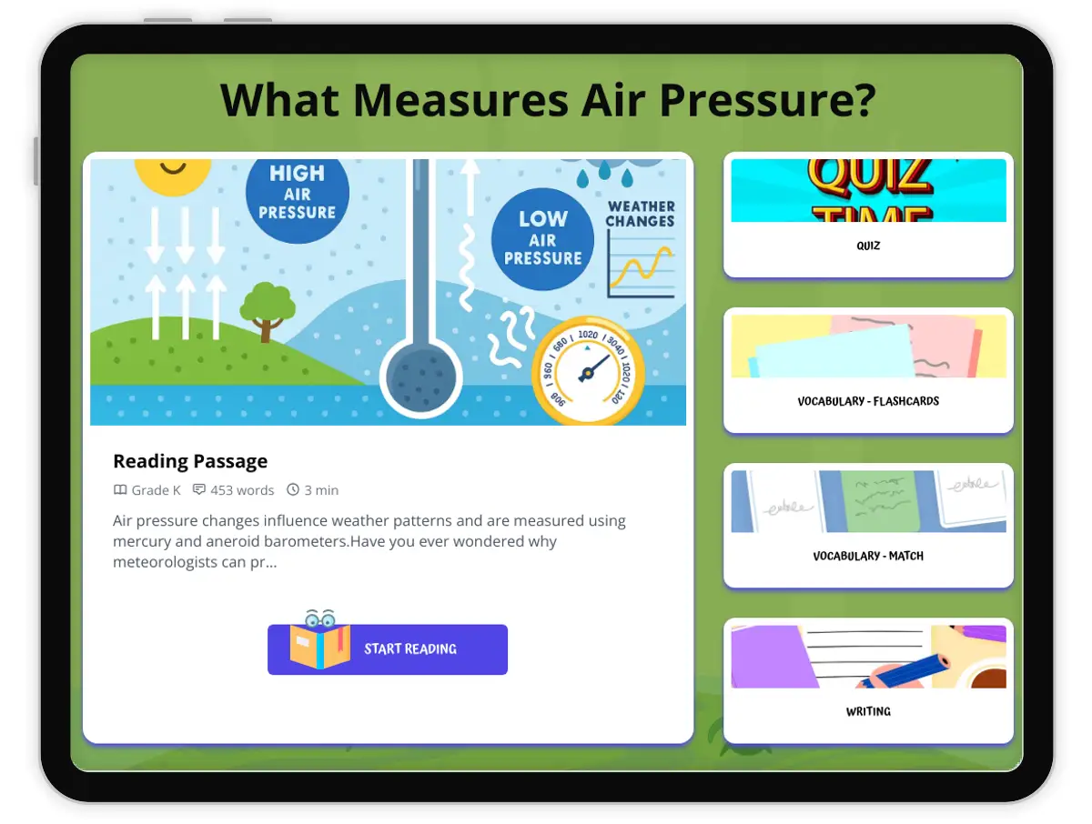 Interactive — Reading Comprehension preview: What Measures Air Pressure? covering  standards - Page 1 of 1
