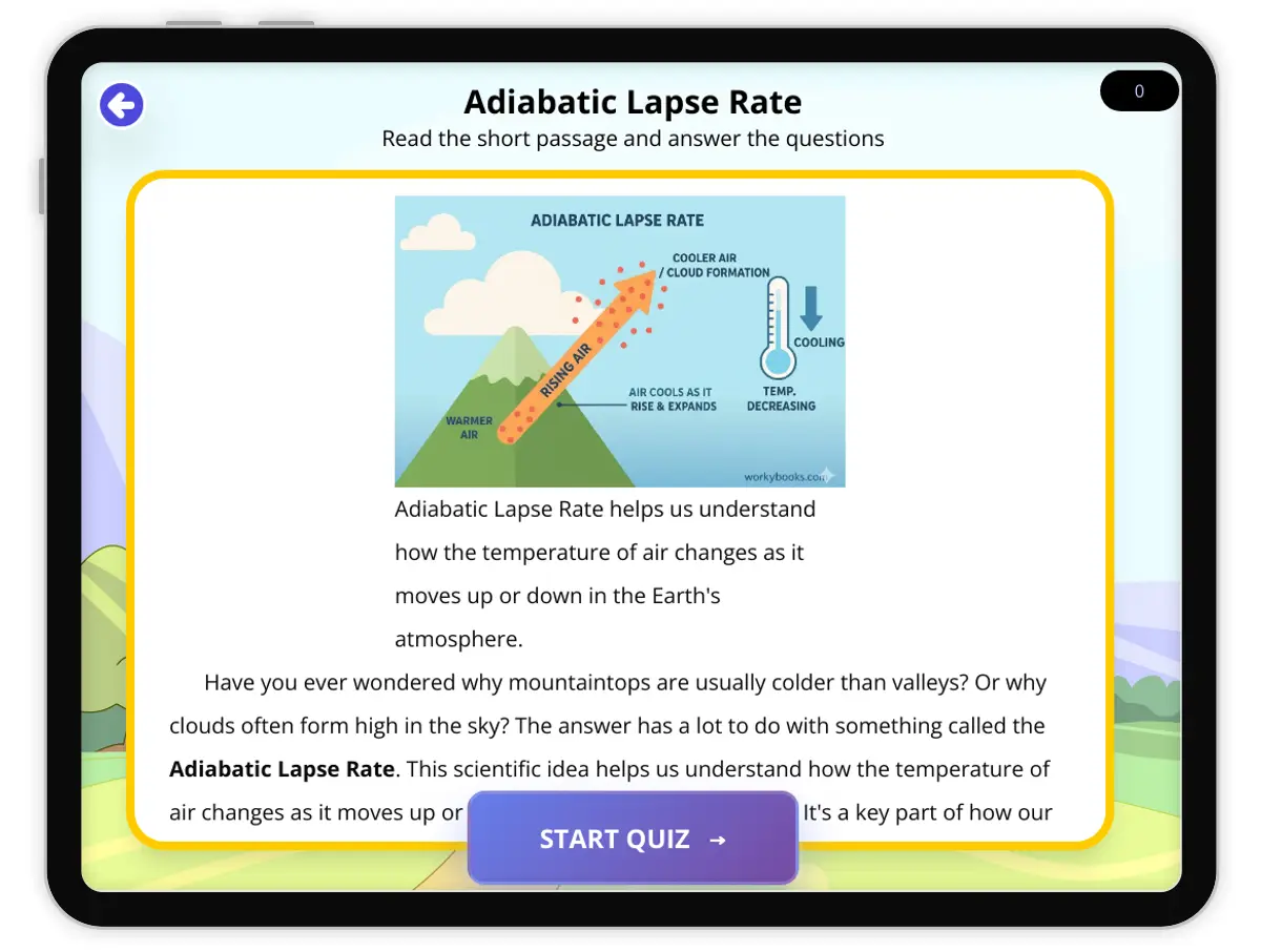 Interactive — Reading Comprehension preview: Adiabatic Lapse Rate covering  standards - Page 1 of 1