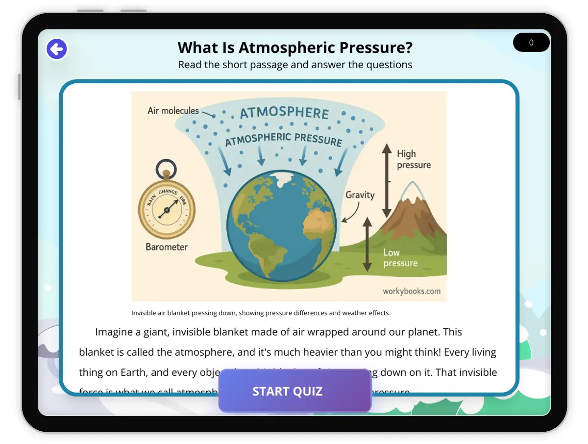 Interactive — Reading Comprehension preview: What Is Atmospheric Pressure? covering  standards - Page 1 of 1