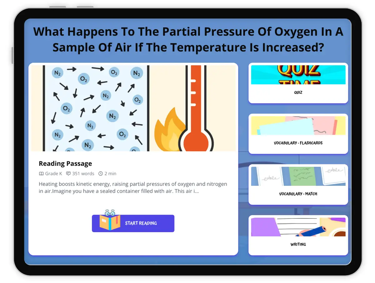 Interactive — Reading Comprehension preview: What Happens To The Partial Pressure Of Oxygen In A Sample Of Air If The Temperature Is Increased? covering  standards - Page 1 of 1