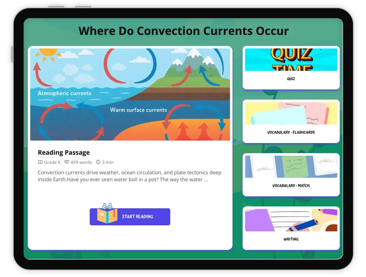Interactive — Reading Comprehension preview: Where Do Convection Currents Occur covering  standards - Page 1 of 1