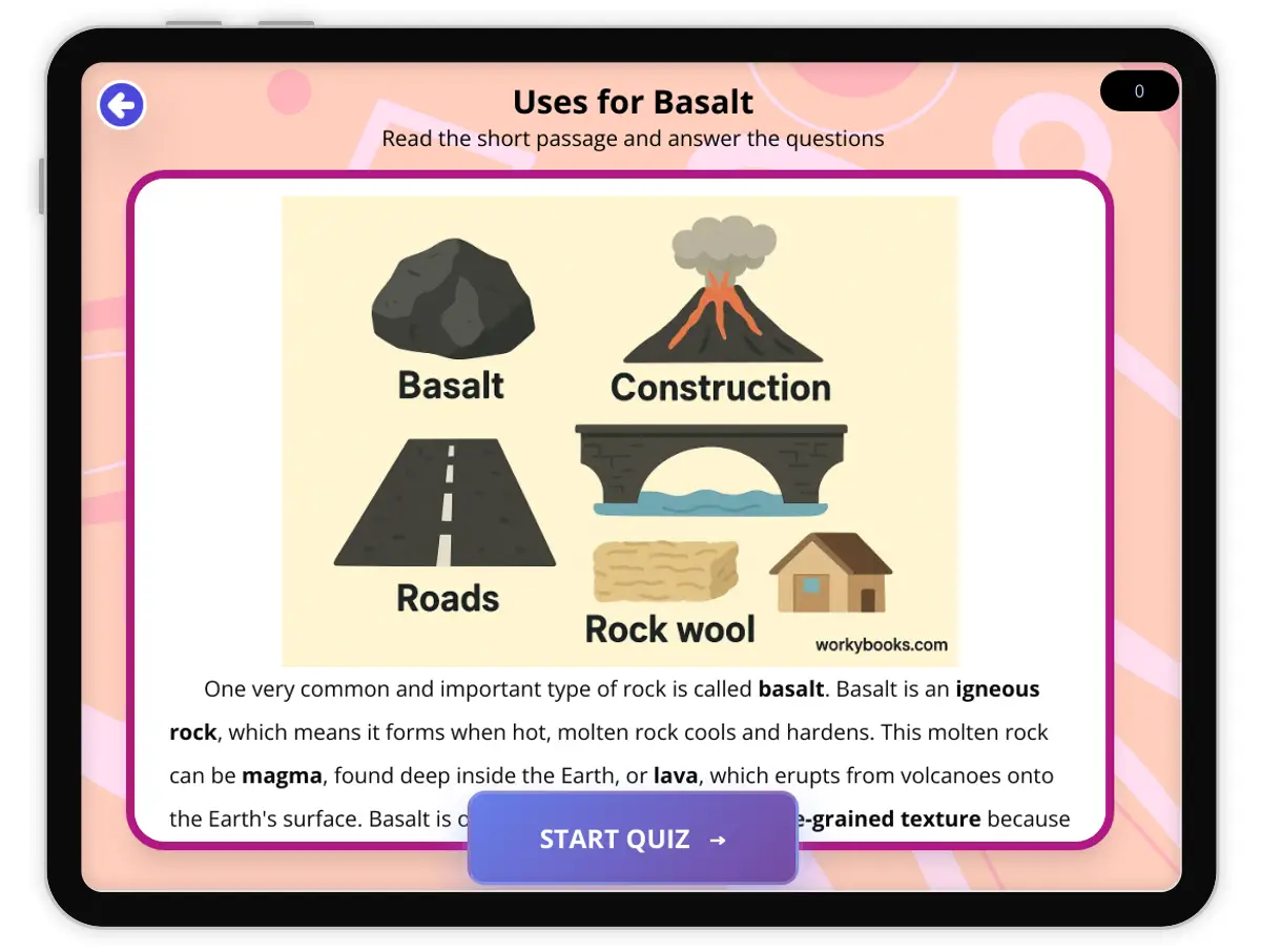 Interactive — Reading Comprehension preview: What is Basalt Used For covering  standards - Page 1 of 1