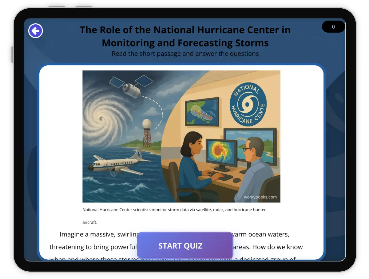 Interactive — Reading Comprehension preview: The Role of the National Hurricane Center in Monitoring and Forecasting Storms covering  standards - Page 1 of 1