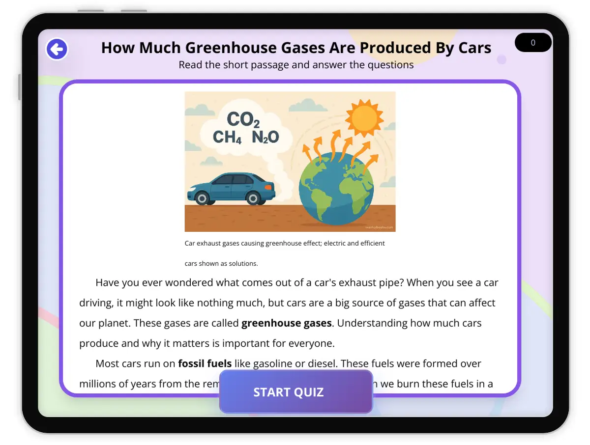 Interactive — Reading Comprehension preview: How Much Greenhouse Gases Are Produced By Cars covering  standards - Page 1 of 1