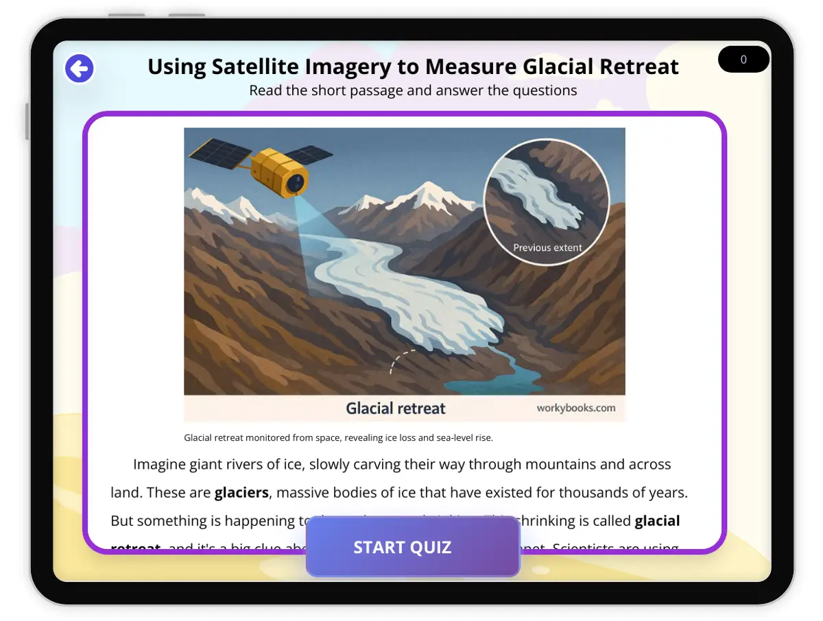 Interactive — Reading Comprehension preview: Using Satellite Imagery to Measure Glacial Retreat covering  standards - Page 1 of 1
