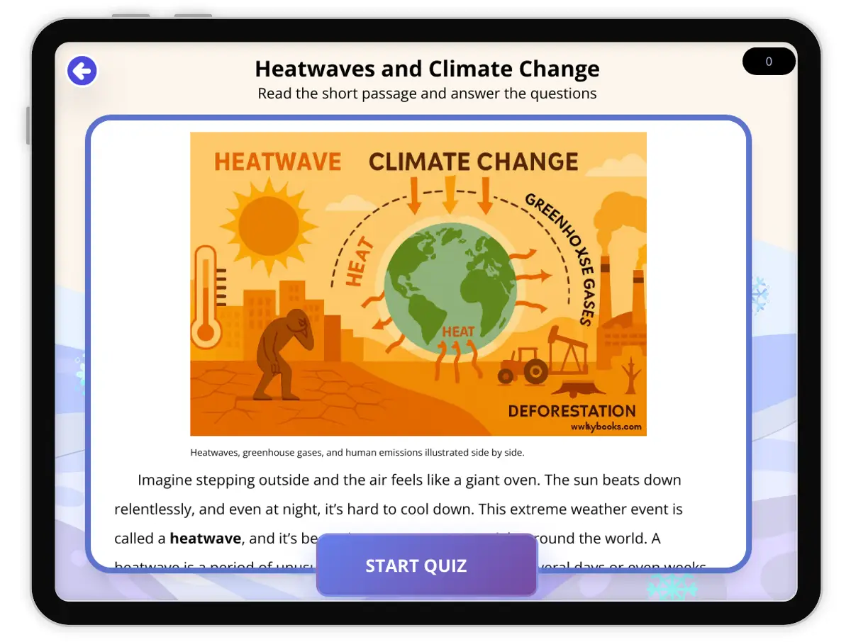Interactive — Reading Comprehension preview: Heatwaves and Climate Change covering  standards - Page 1 of 1