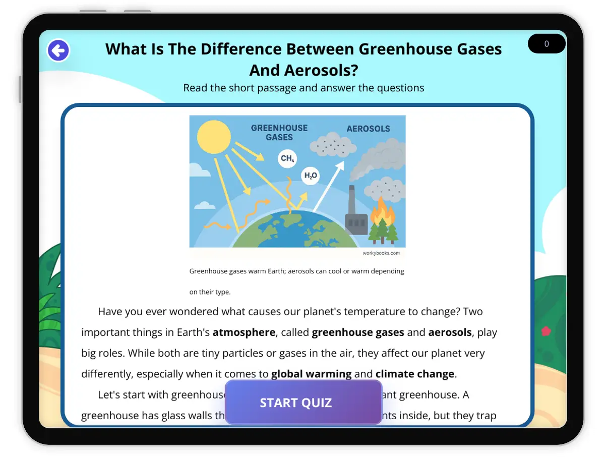 Interactive — Reading Comprehension preview: What Is The Difference Between Greenhouse Gases And Aerosols? covering  standards - Page 1 of null