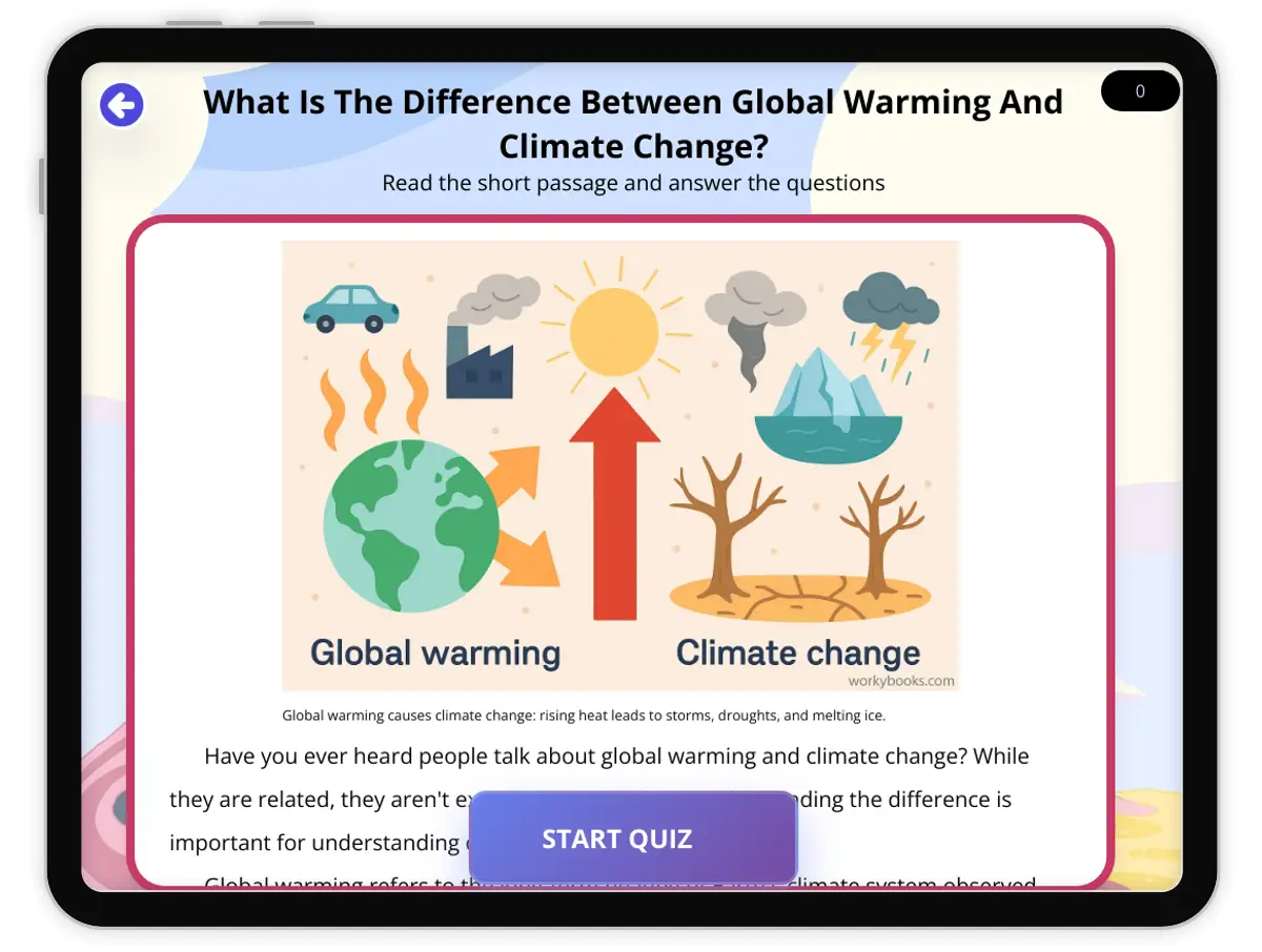 Interactive — Reading Comprehension preview: What Is The Difference Between Global Warming And Climate Change? covering  standards - Page 1 of 1