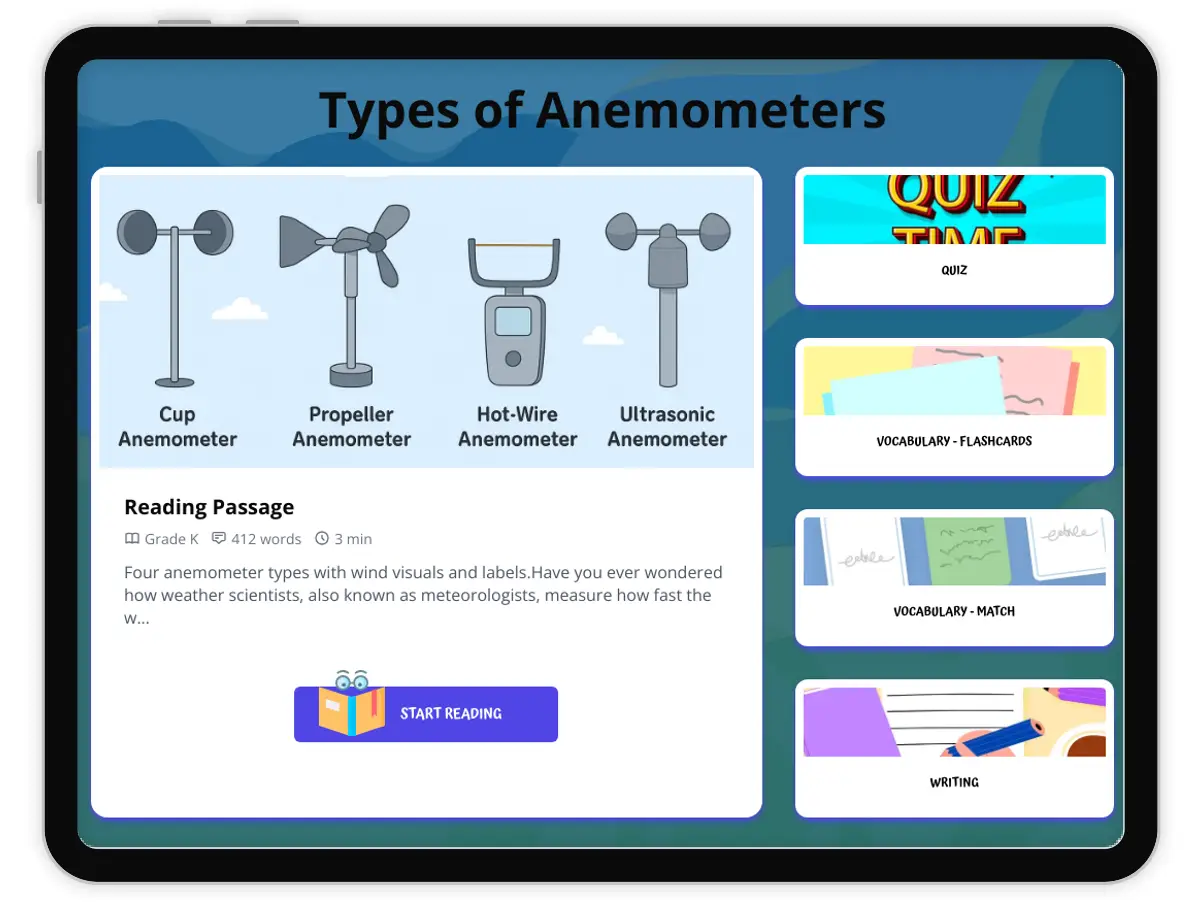 Interactive — Reading Comprehension preview: Types of Anemometers covering  standards - Page 1 of 1