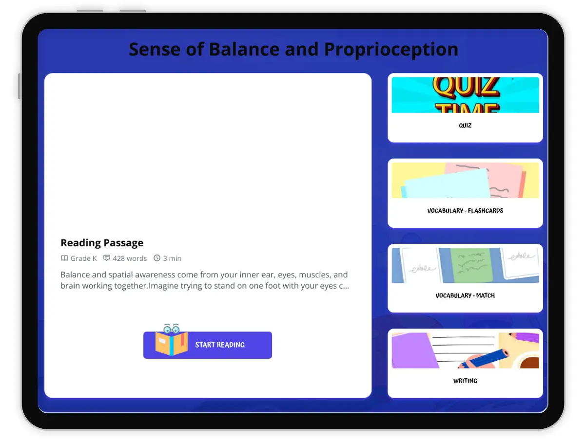 Interactive — Reading Comprehension preview: Sense of Balance and Proprioception covering  standards - Page 1 of 1